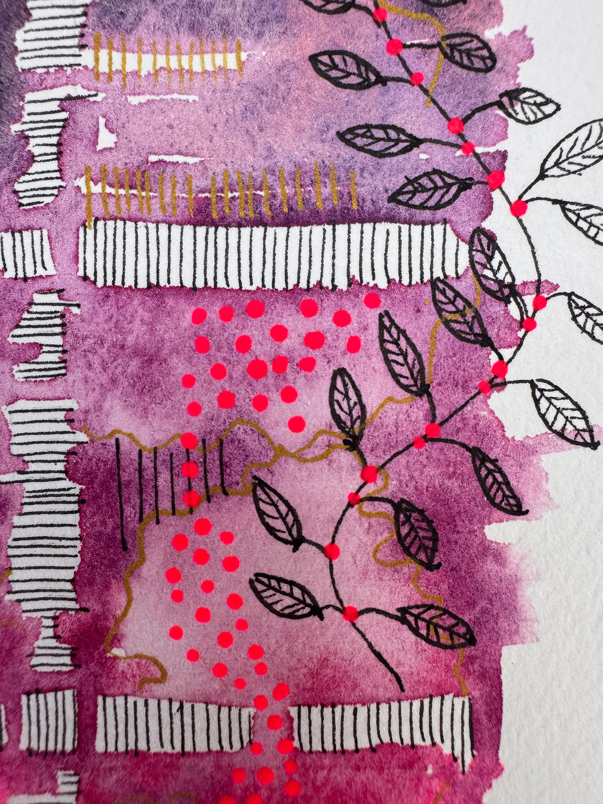 Watercolour painting of fifteen squares in one continuous wash, orange and coral at the top fading through violet to magenta, divided by hatched white bands, with leafy black vines and pink berries climbing the sides, gold and black dots, white network shapes and the word Joy.