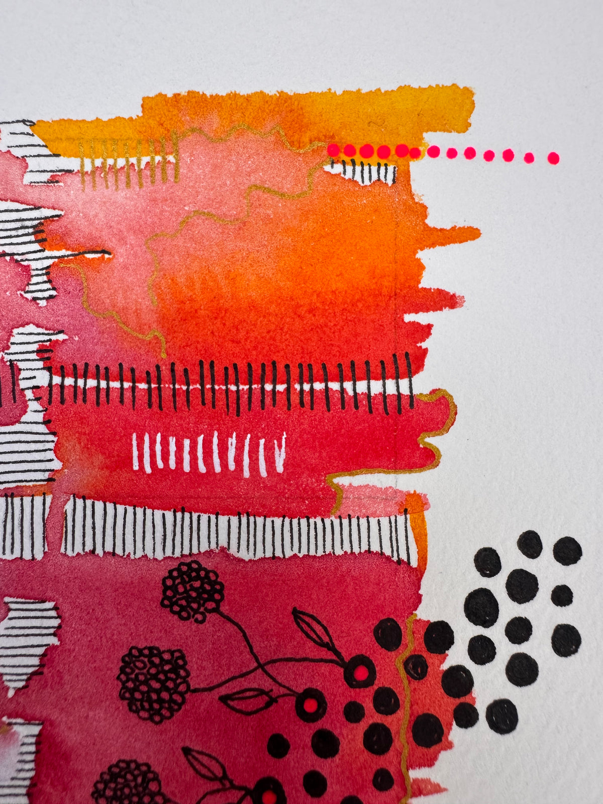 Watercolour painting of fifteen saffron, scarlet, crimson, plum and violet squares in a grid, each in soft horizontal bands and edged with a fine black frame, with gold dots, white dots and bright pink dots spilling past the edges.