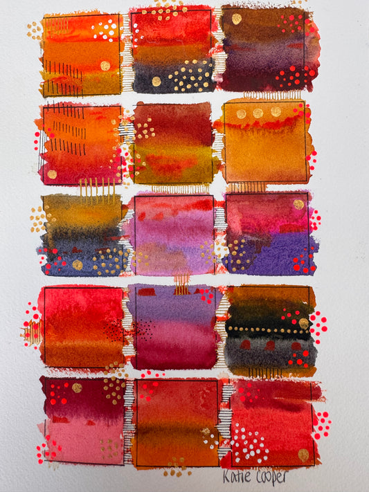 Watercolour painting of fifteen saffron, scarlet, crimson, plum and violet squares in a grid, each in soft horizontal bands and edged with a fine black frame, with gold dots, white dots and bright pink dots spilling past the edges.