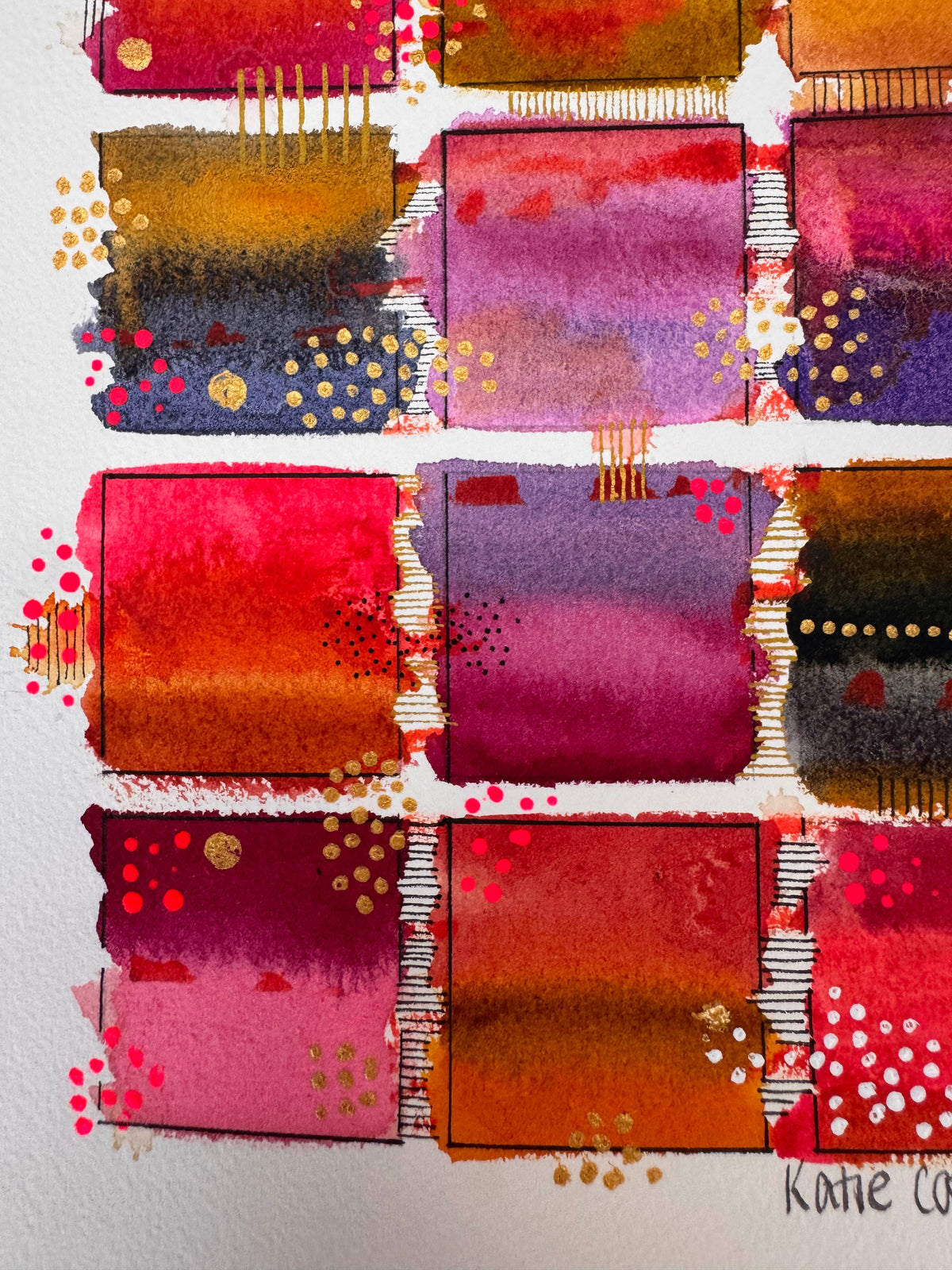 Watercolour painting of fifteen saffron, scarlet, crimson, plum and violet squares in a grid, each in soft horizontal bands and edged with a fine black frame, with gold dots, white dots and bright pink dots spilling past the edges.