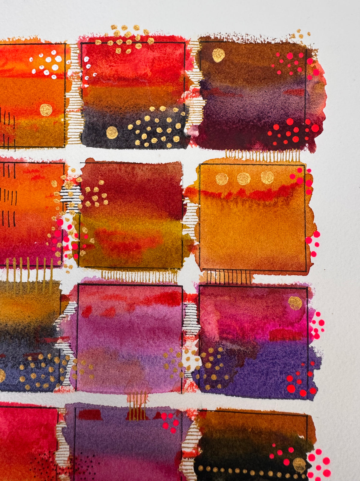 Watercolour painting of fifteen saffron, scarlet, crimson, plum and violet squares in a grid, each in soft horizontal bands and edged with a fine black frame, with gold dots, white dots and bright pink dots spilling past the edges.