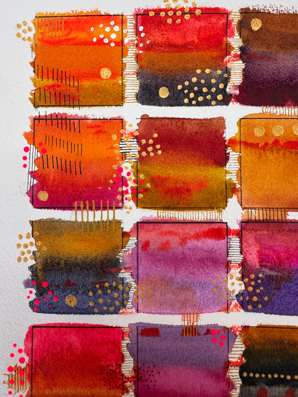 Watercolour painting of fifteen saffron, scarlet, crimson, plum and violet squares in a grid, each in soft horizontal bands and edged with a fine black frame, with gold dots, white dots and bright pink dots spilling past the edges.
