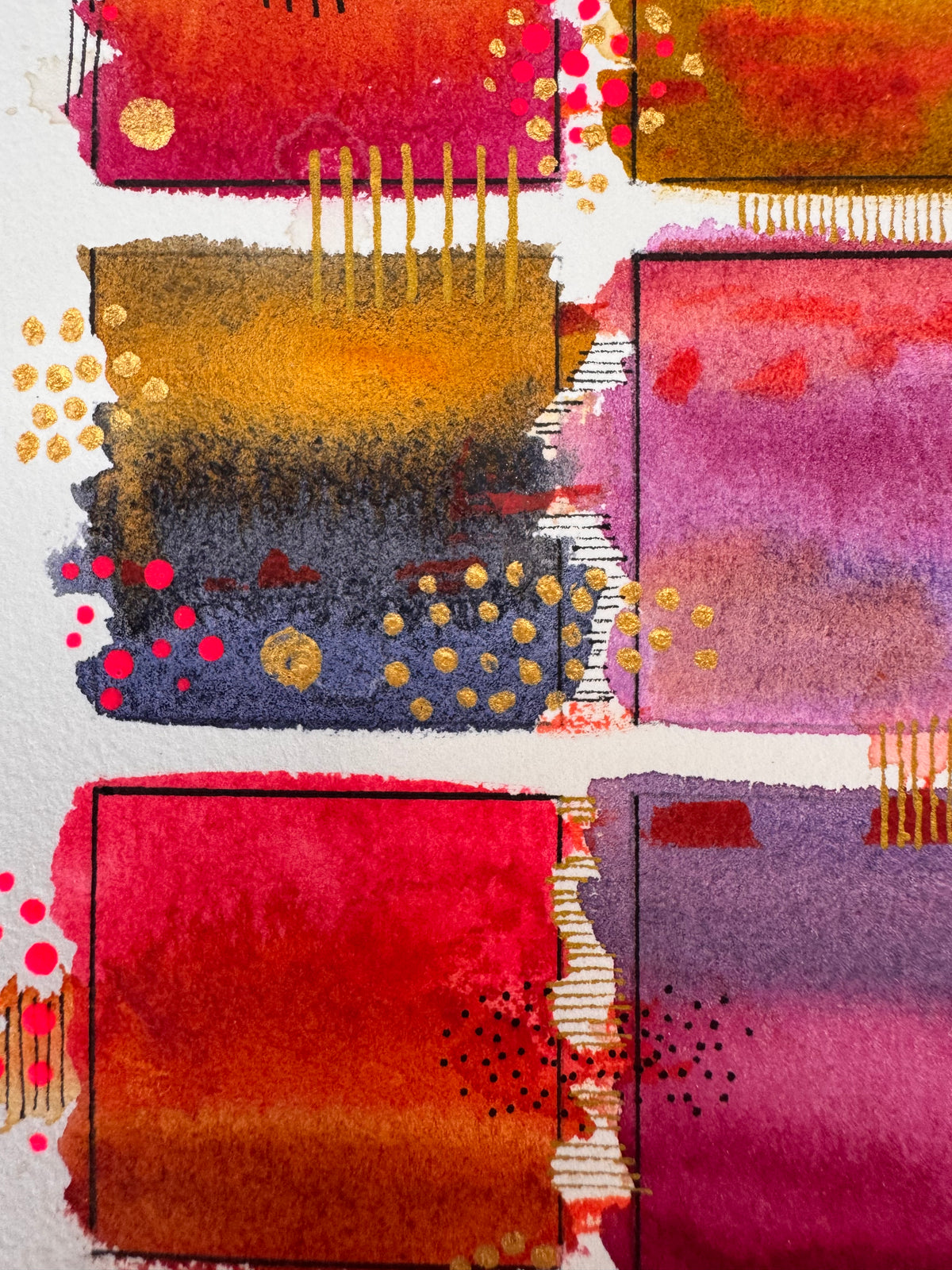 Watercolour painting of fifteen saffron, scarlet, crimson, plum and violet squares in a grid, each in soft horizontal bands and edged with a fine black frame, with gold dots, white dots and bright pink dots spilling past the edges.
