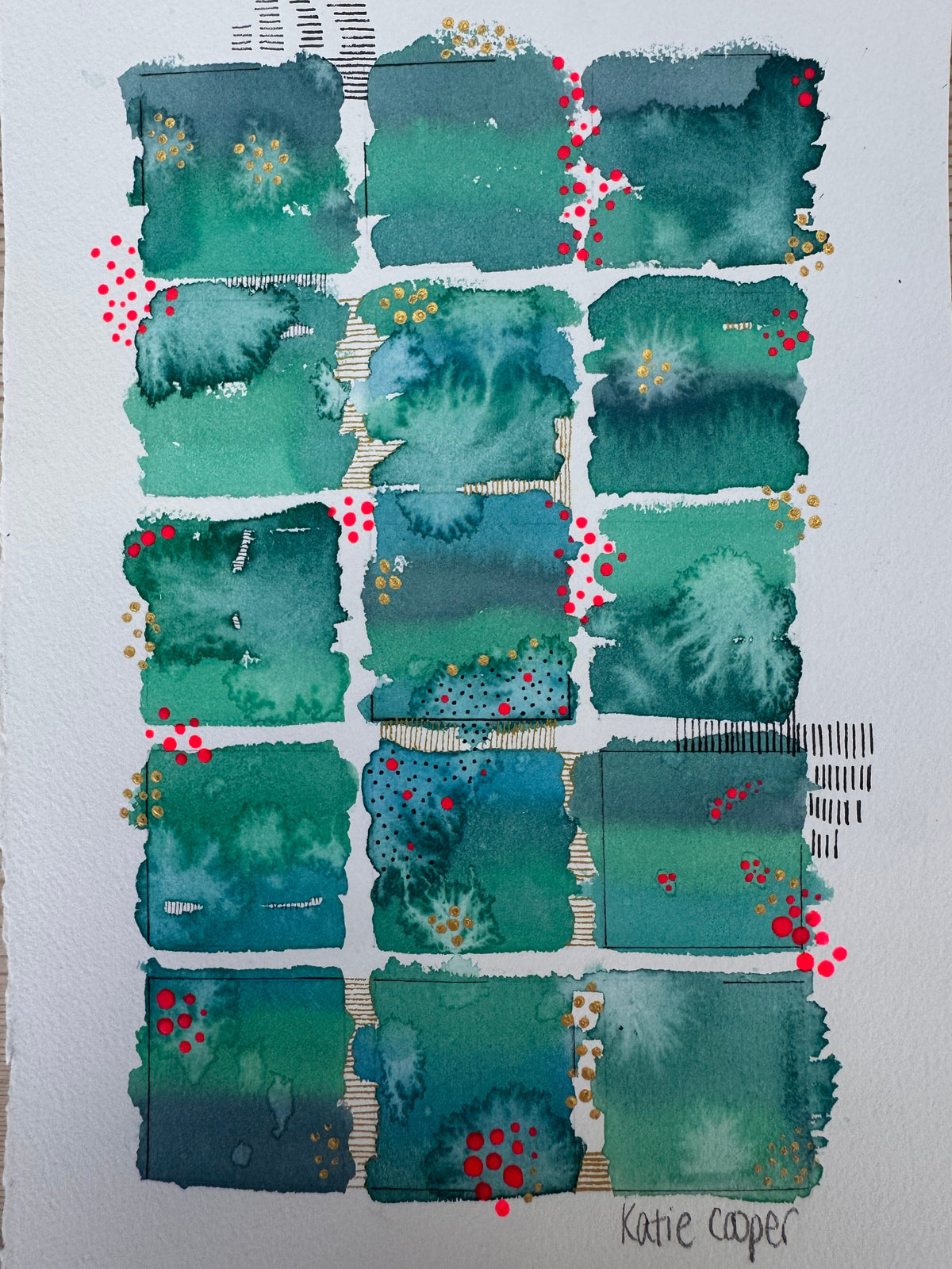 Watercolour painting of fifteen emerald, jade and teal squares in a grid with soft blooming washes, gold dot starbursts, bright red dots tumbling down the gaps, and gold and black hatching between the squares.
