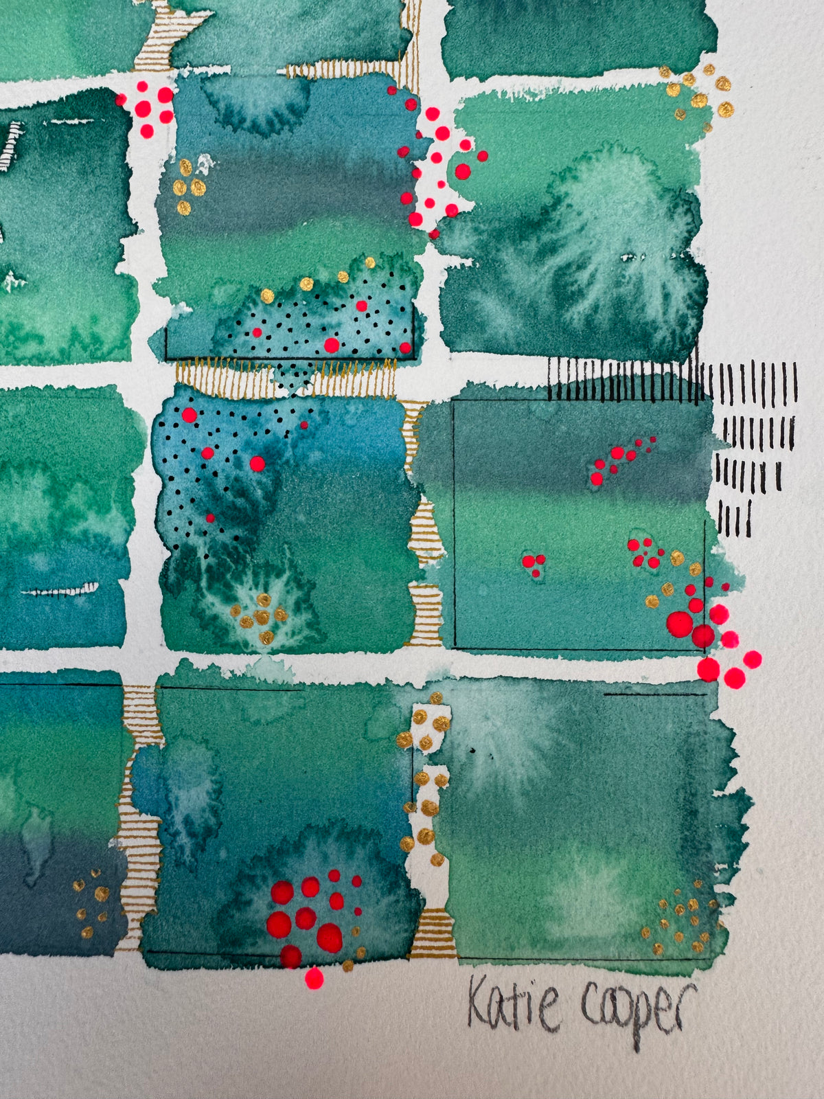 Watercolour painting of fifteen emerald, jade and teal squares in a grid with soft blooming washes, gold dot starbursts, bright red dots tumbling down the gaps, and gold and black hatching between the squares.