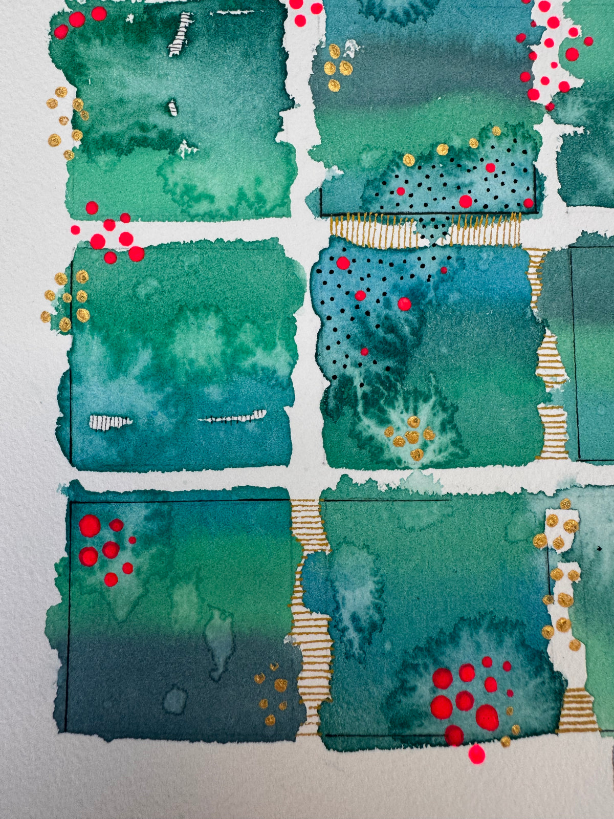 Watercolour painting of fifteen emerald, jade and teal squares in a grid with soft blooming washes, gold dot starbursts, bright red dots tumbling down the gaps, and gold and black hatching between the squares.