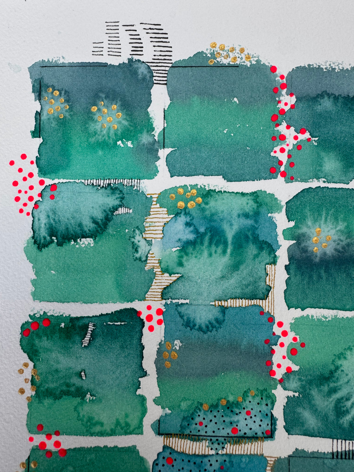 Watercolour painting of fifteen emerald, jade and teal squares in a grid with soft blooming washes, gold dot starbursts, bright red dots tumbling down the gaps, and gold and black hatching between the squares.