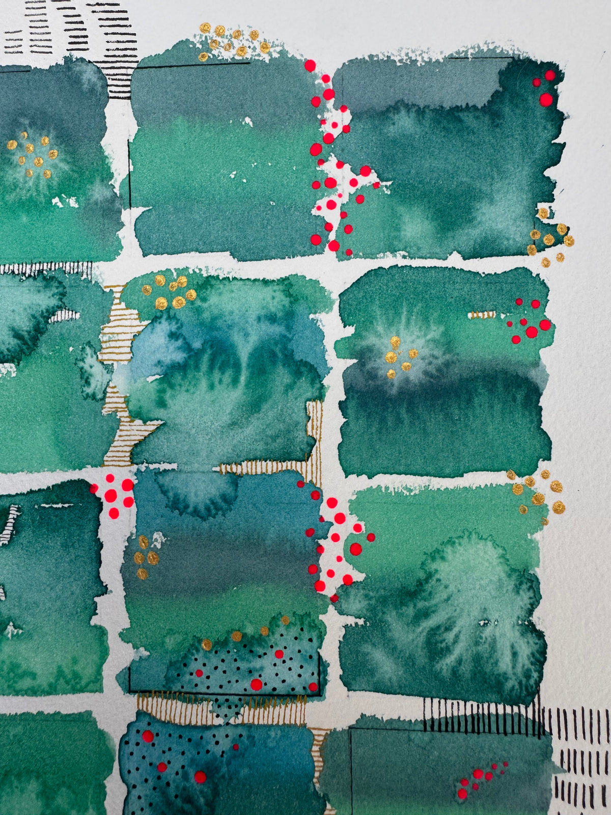 Watercolour painting of fifteen emerald, jade and teal squares in a grid with soft blooming washes, gold dot starbursts, bright red dots tumbling down the gaps, and gold and black hatching between the squares.