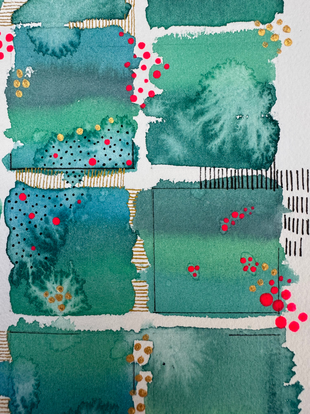 Watercolour painting of fifteen emerald, jade and teal squares in a grid with soft blooming washes, gold dot starbursts, bright red dots tumbling down the gaps, and gold and black hatching between the squares.