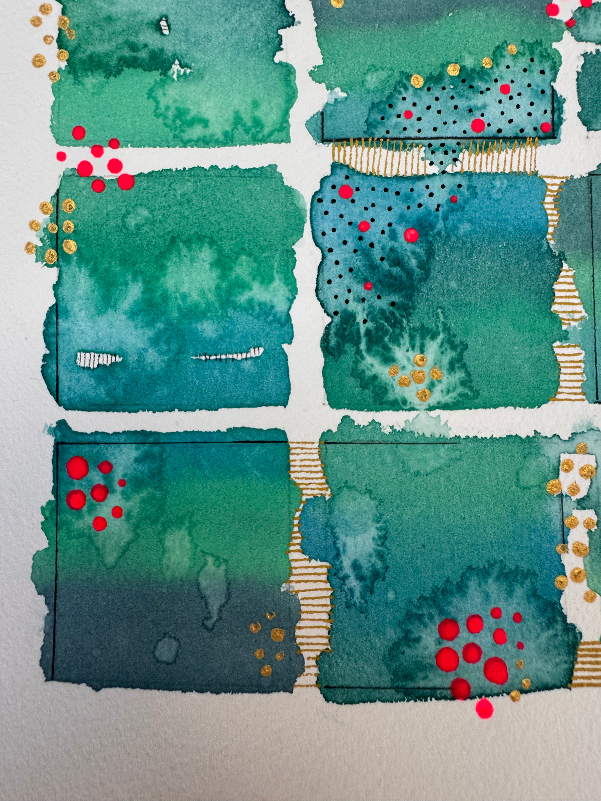 Watercolour painting of fifteen emerald, jade and teal squares in a grid with soft blooming washes, gold dot starbursts, bright red dots tumbling down the gaps, and gold and black hatching between the squares.