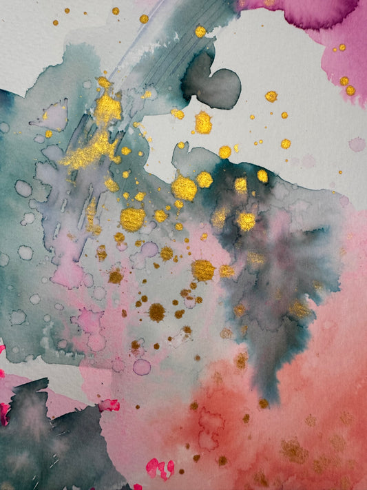 Portrait abstract watercolour with rose pink and plum washes across the top, slate teal on the left, a coral arc of brushstrokes through the centre and violet at lower right, scattered with gold splatters and small neon pink accents on white paper.
