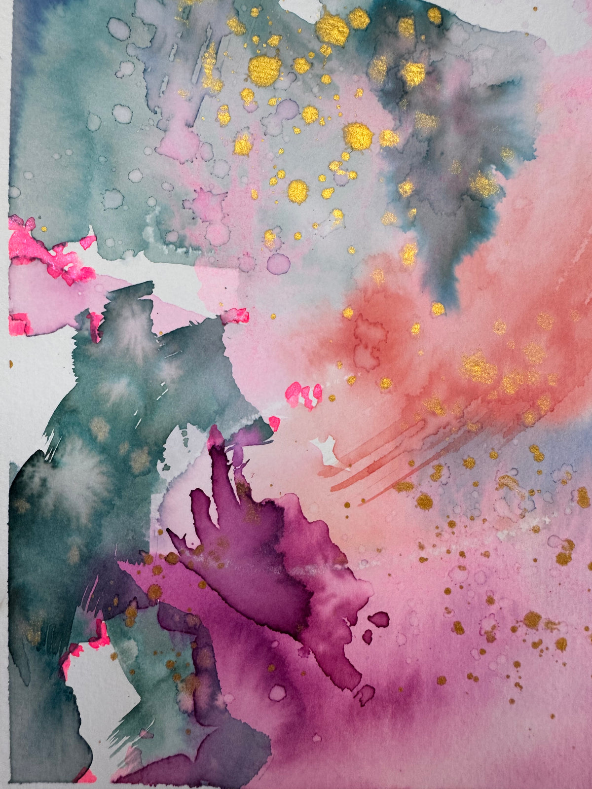Portrait abstract watercolour with rose pink and plum washes across the top, slate teal on the left, a coral arc of brushstrokes through the centre and violet at lower right, scattered with gold splatters and small neon pink accents on white paper.