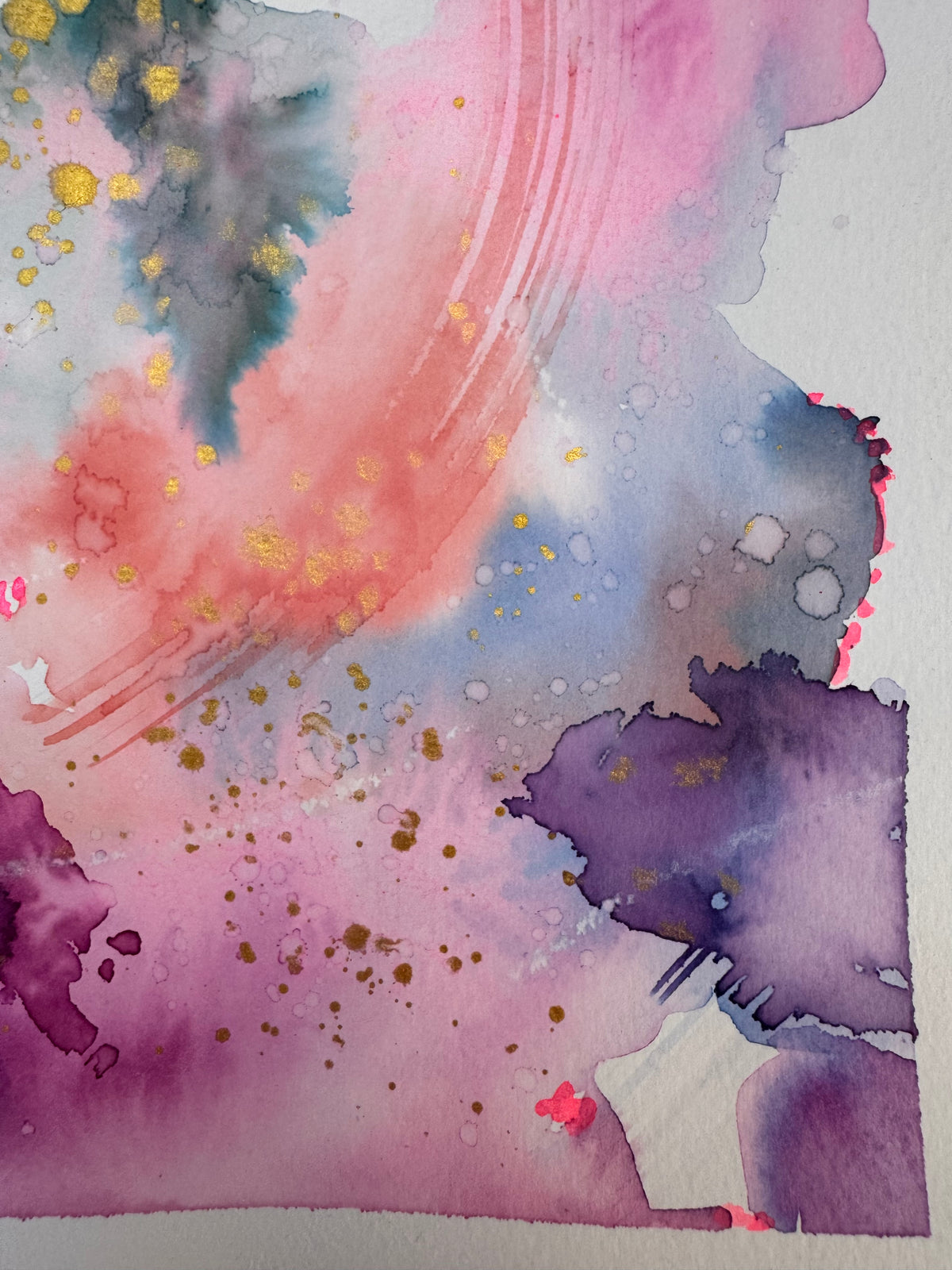 Portrait abstract watercolour with rose pink and plum washes across the top, slate teal on the left, a coral arc of brushstrokes through the centre and violet at lower right, scattered with gold splatters and small neon pink accents on white paper.