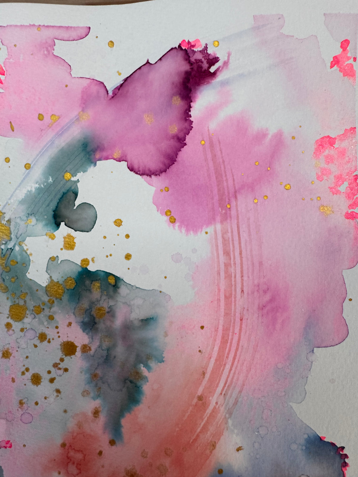 Portrait abstract watercolour with rose pink and plum washes across the top, slate teal on the left, a coral arc of brushstrokes through the centre and violet at lower right, scattered with gold splatters and small neon pink accents on white paper.