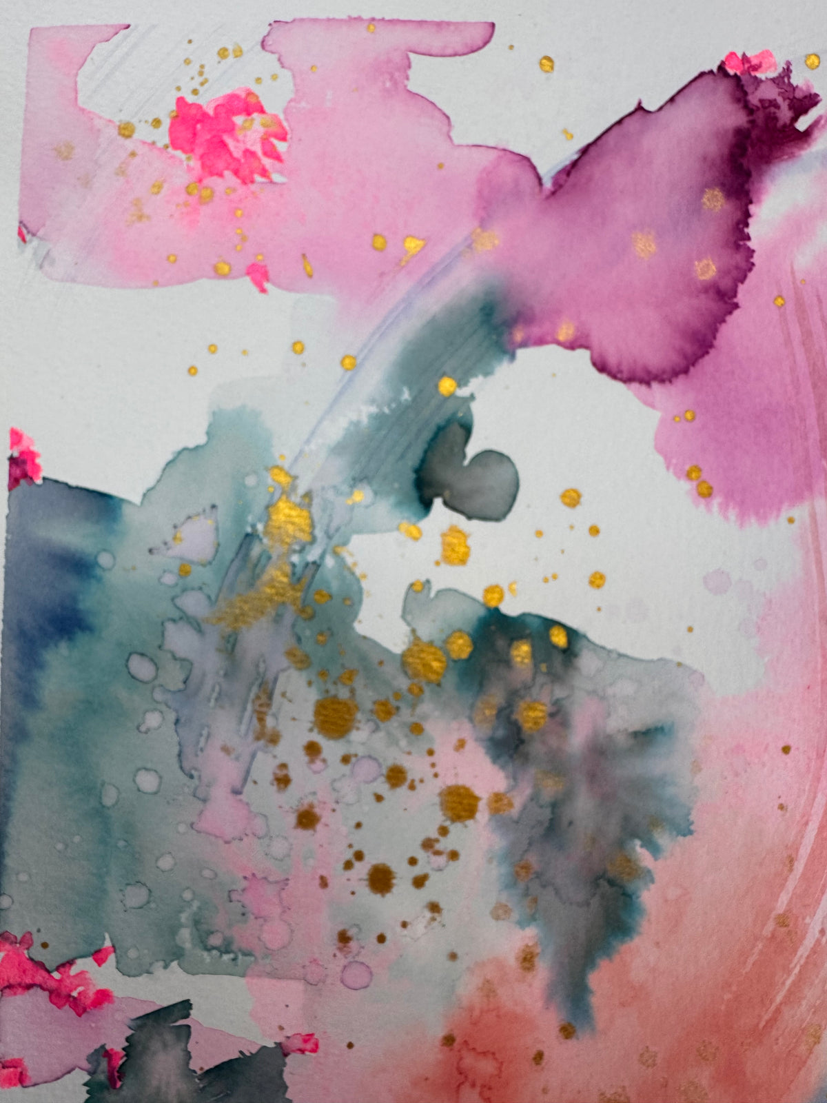 Portrait abstract watercolour with rose pink and plum washes across the top, slate teal on the left, a coral arc of brushstrokes through the centre and violet at lower right, scattered with gold splatters and small neon pink accents on white paper.