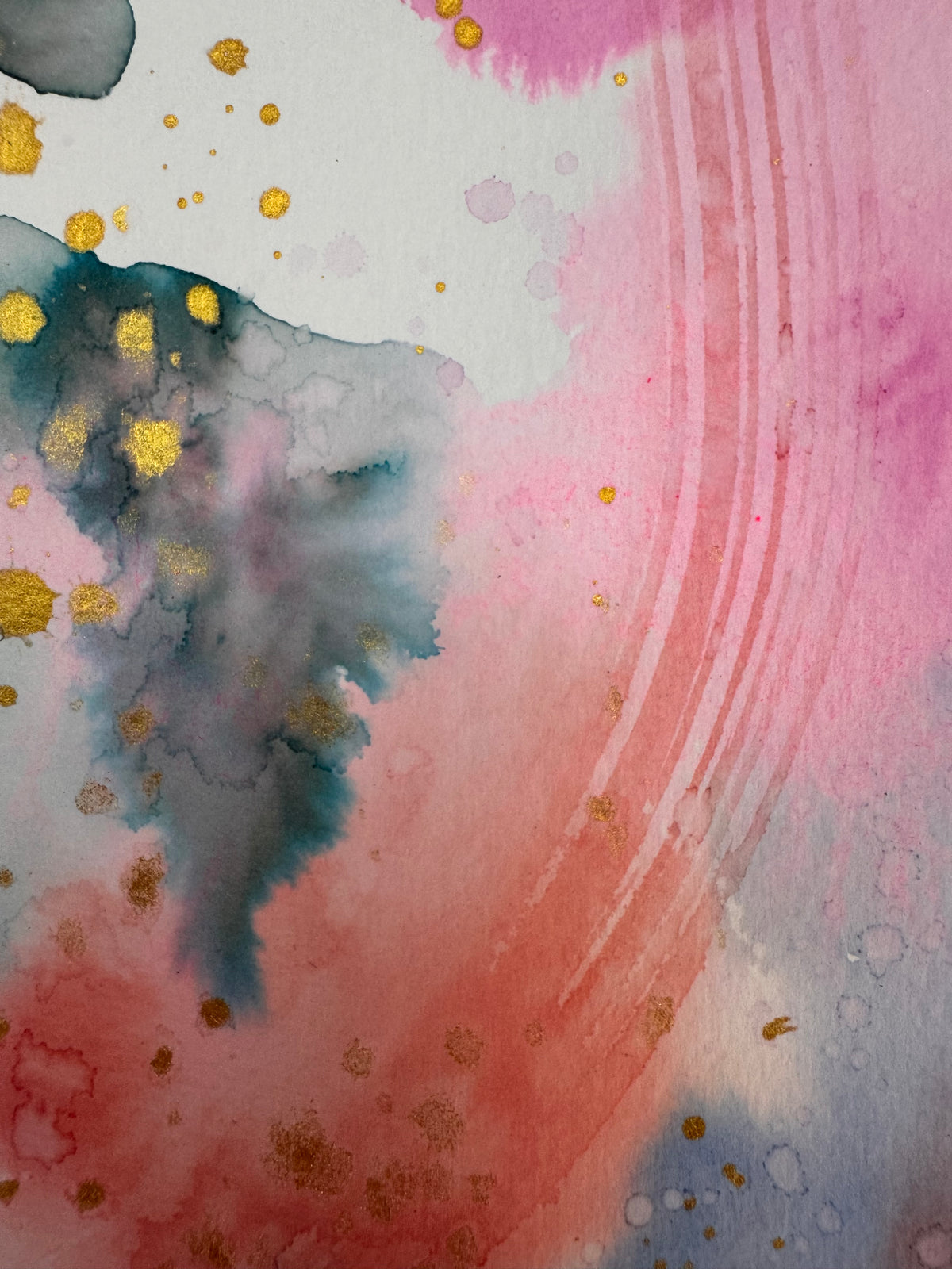 Portrait abstract watercolour with rose pink and plum washes across the top, slate teal on the left, a coral arc of brushstrokes through the centre and violet at lower right, scattered with gold splatters and small neon pink accents on white paper.