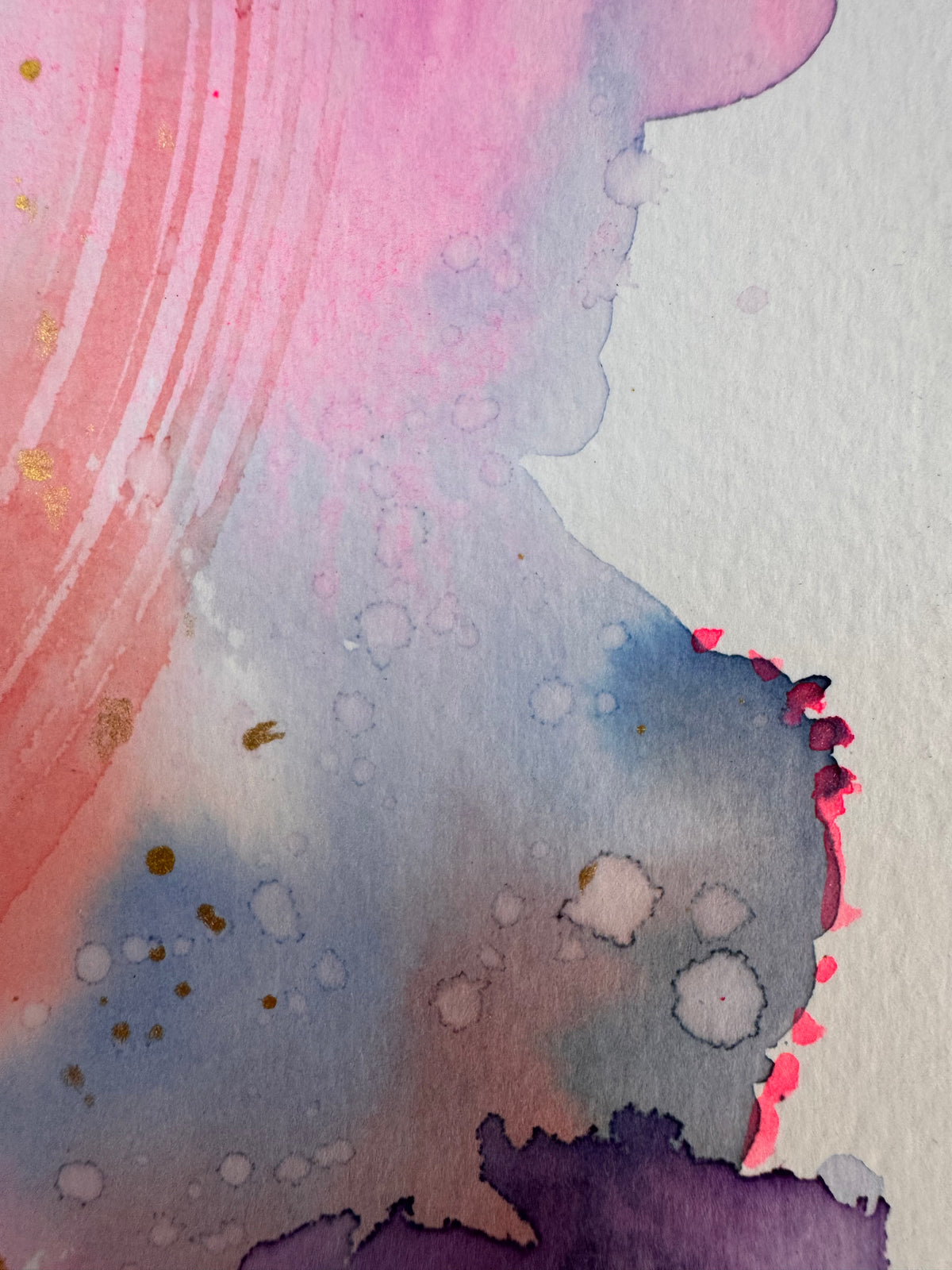 Portrait abstract watercolour with rose pink and plum washes across the top, slate teal on the left, a coral arc of brushstrokes through the centre and violet at lower right, scattered with gold splatters and small neon pink accents on white paper.