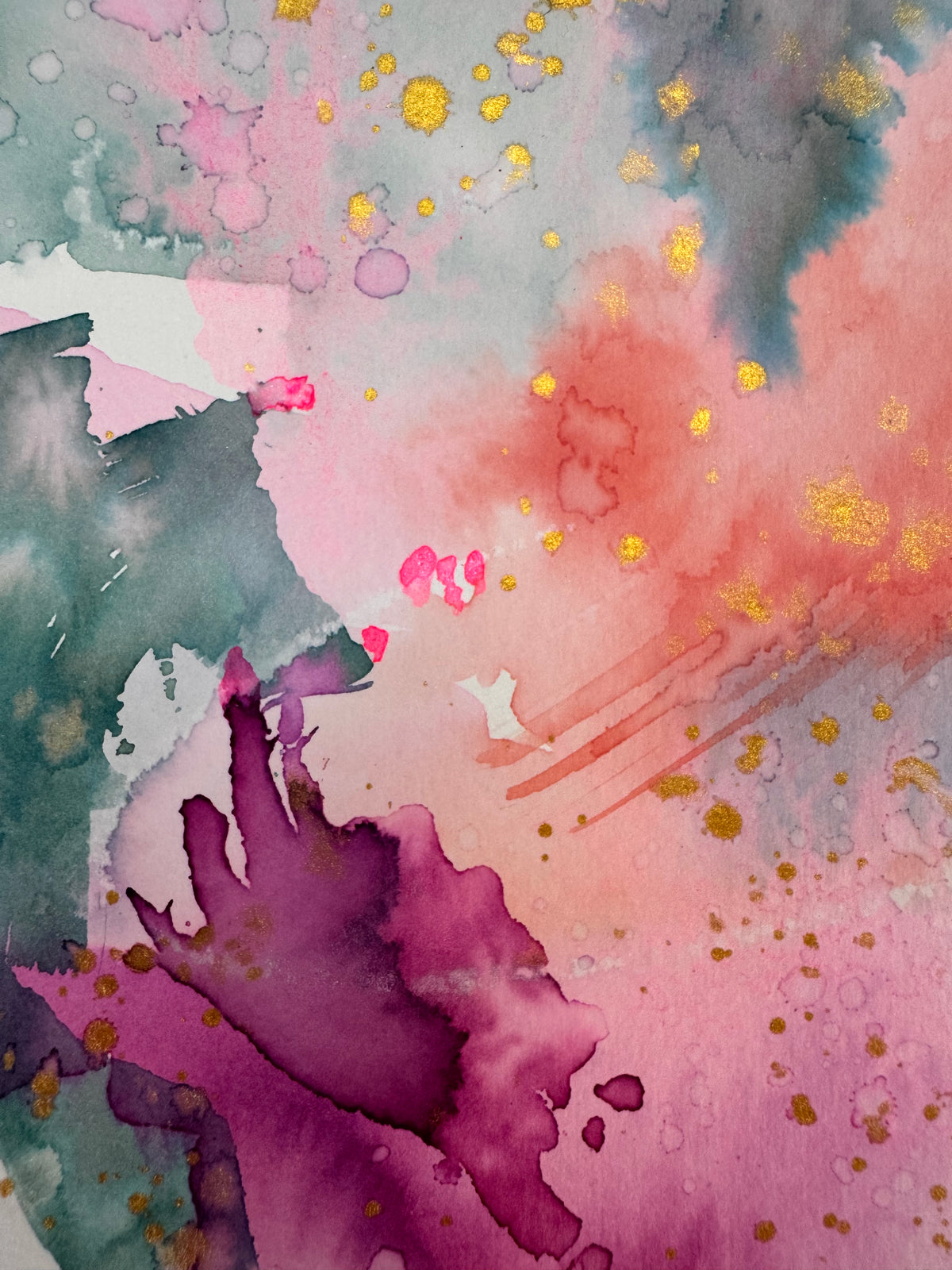 Portrait abstract watercolour with rose pink and plum washes across the top, slate teal on the left, a coral arc of brushstrokes through the centre and violet at lower right, scattered with gold splatters and small neon pink accents on white paper.