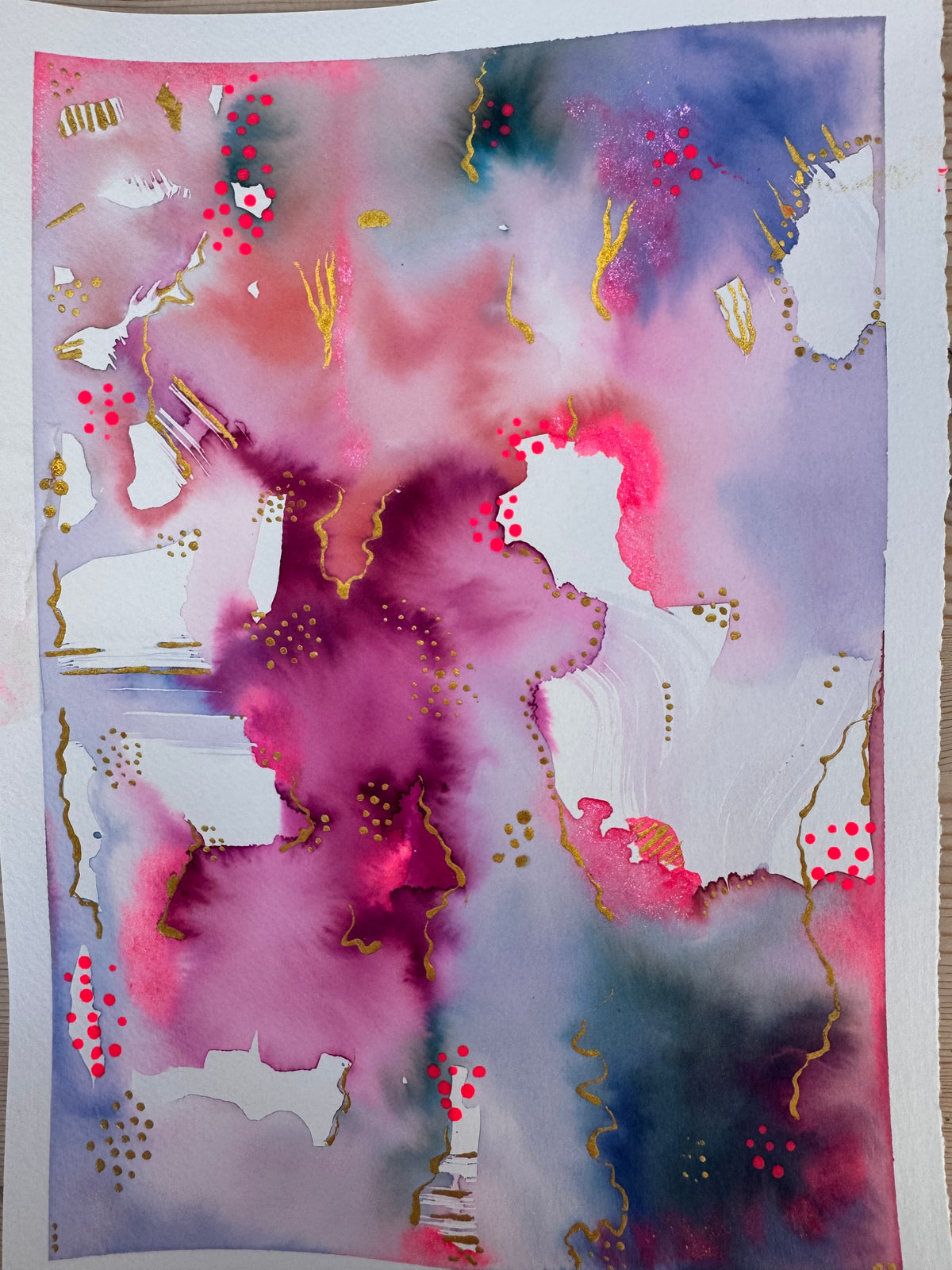 Portrait abstract watercolour in magenta, fuchsia and lavender, darkening to indigo at the lower right, with wavering gold lines, gold dot clusters, neon pink dots and scattered shapes of bare white paper.