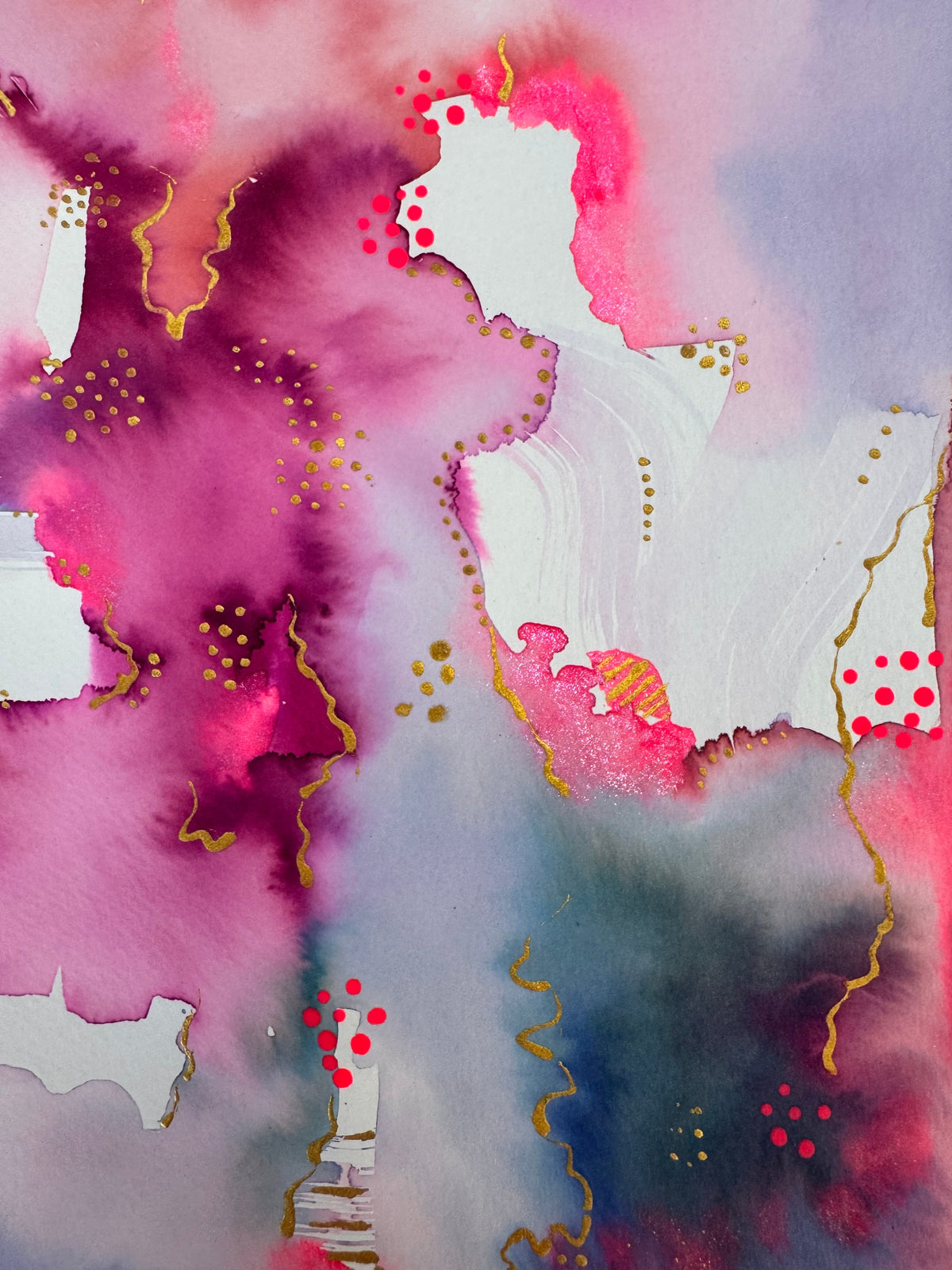 Portrait abstract watercolour in magenta, fuchsia and lavender, darkening to indigo at the lower right, with wavering gold lines, gold dot clusters, neon pink dots and scattered shapes of bare white paper.