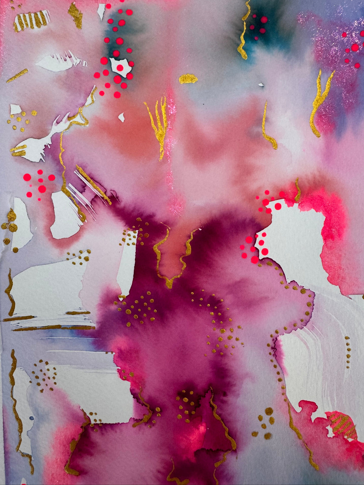 Portrait abstract watercolour in magenta, fuchsia and lavender, darkening to indigo at the lower right, with wavering gold lines, gold dot clusters, neon pink dots and scattered shapes of bare white paper.