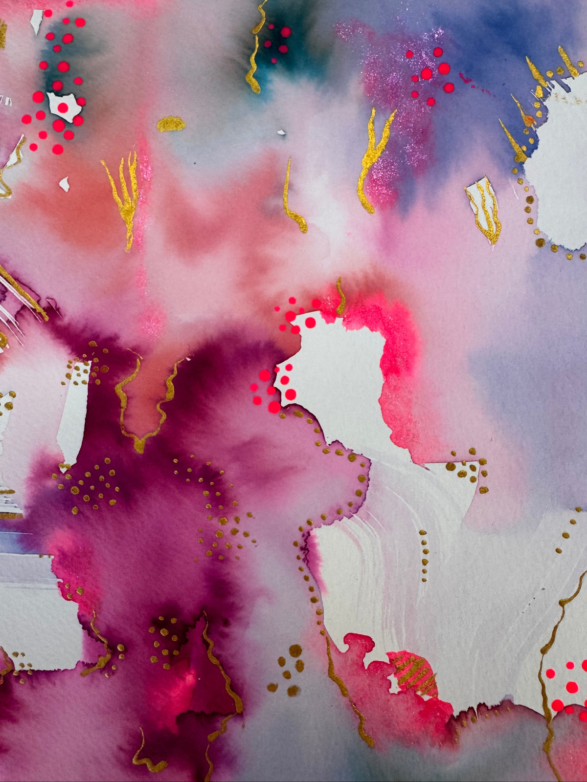 Portrait abstract watercolour in magenta, fuchsia and lavender, darkening to indigo at the lower right, with wavering gold lines, gold dot clusters, neon pink dots and scattered shapes of bare white paper.