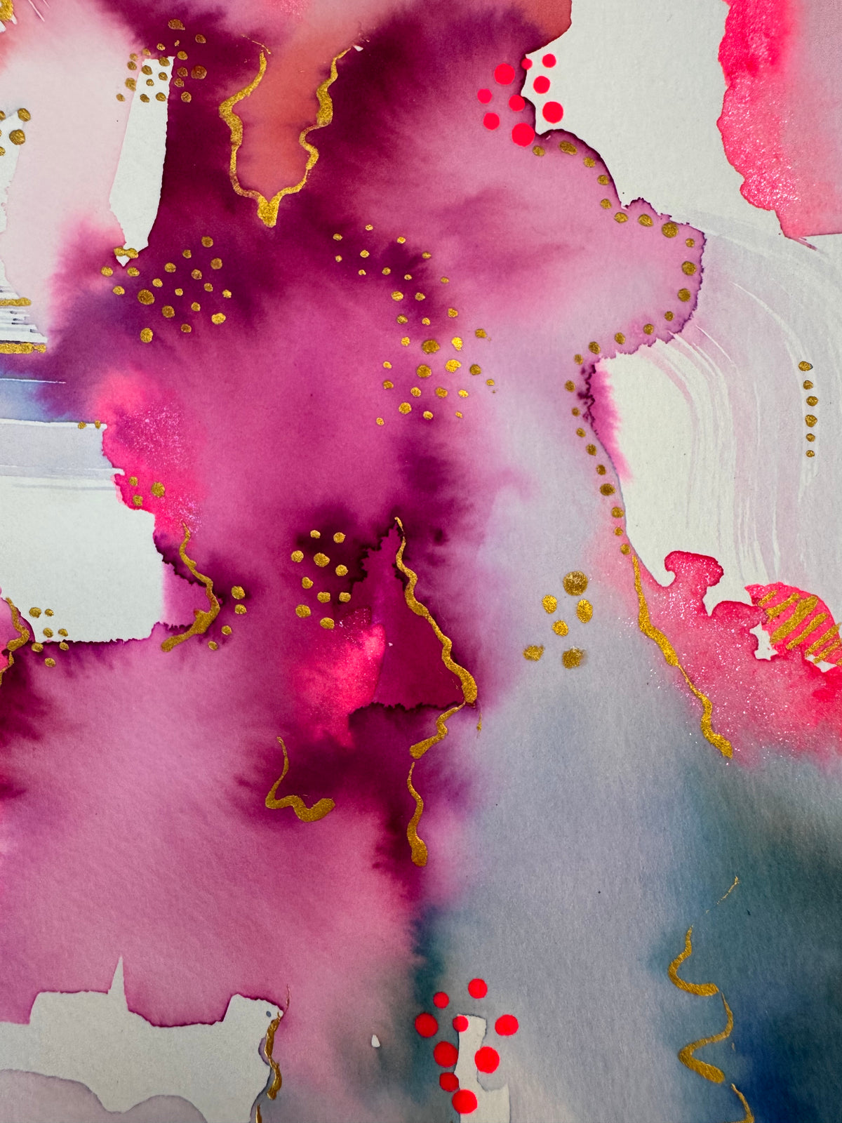 Portrait abstract watercolour in magenta, fuchsia and lavender, darkening to indigo at the lower right, with wavering gold lines, gold dot clusters, neon pink dots and scattered shapes of bare white paper.