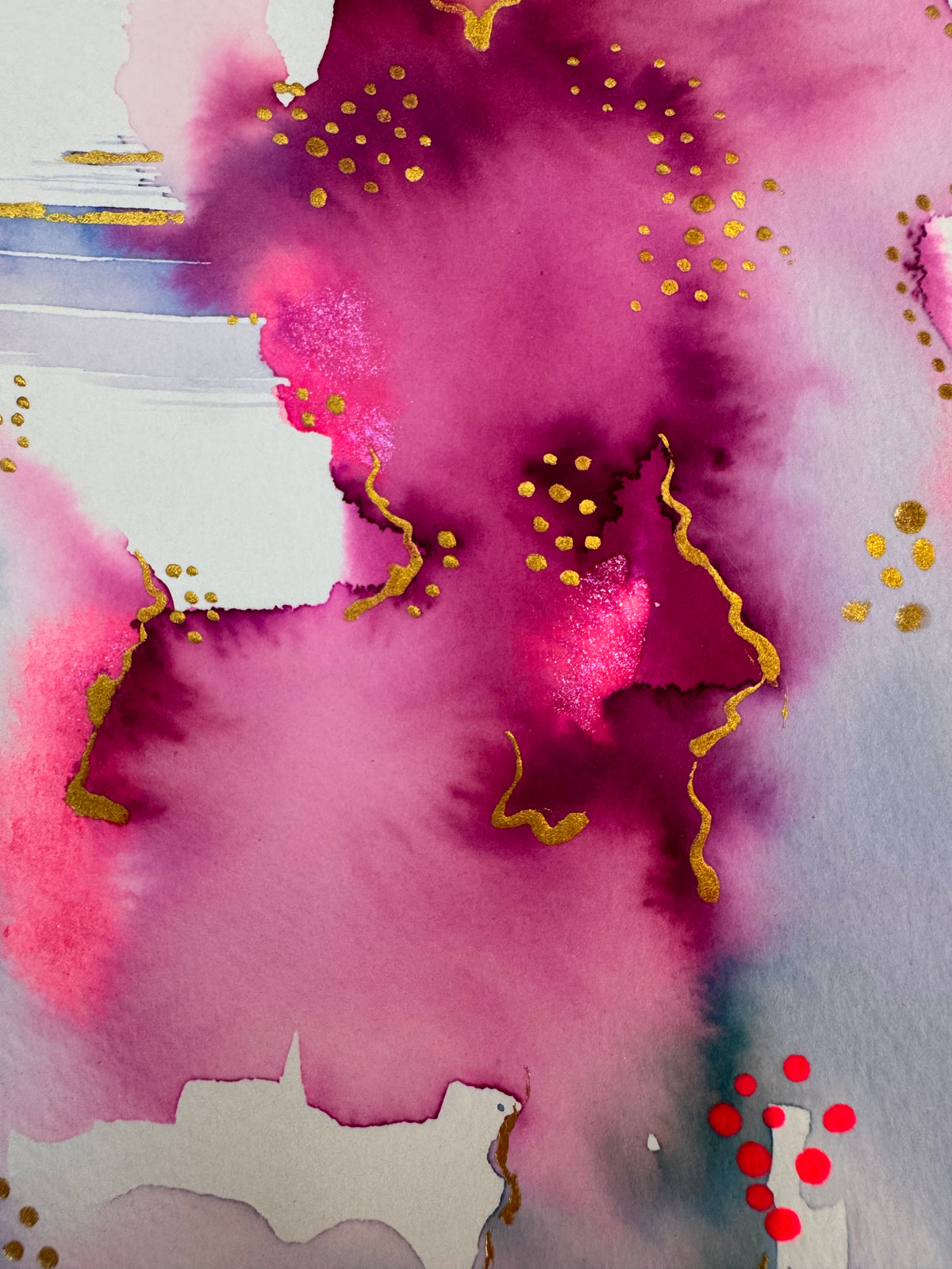 Portrait abstract watercolour in magenta, fuchsia and lavender, darkening to indigo at the lower right, with wavering gold lines, gold dot clusters, neon pink dots and scattered shapes of bare white paper.