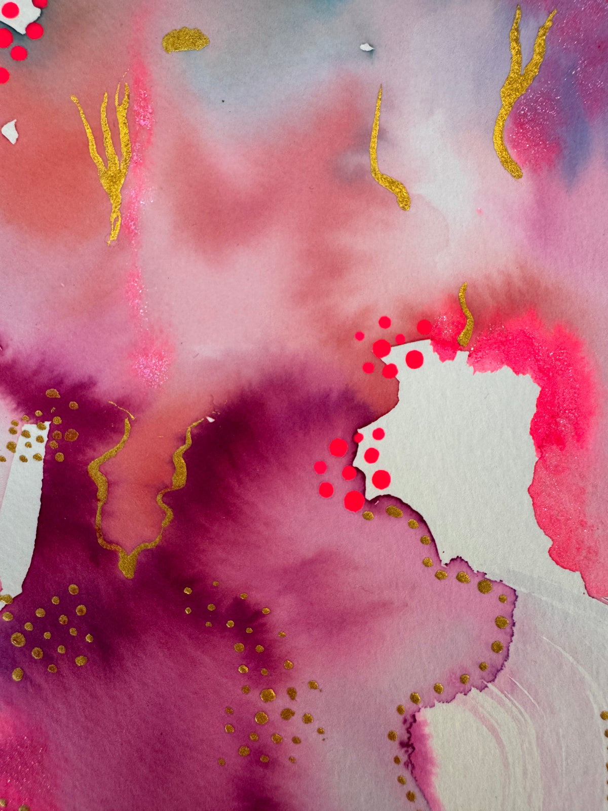 Portrait abstract watercolour in magenta, fuchsia and lavender, darkening to indigo at the lower right, with wavering gold lines, gold dot clusters, neon pink dots and scattered shapes of bare white paper.