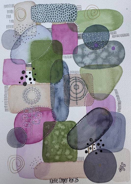 Portrait abstract watercolour of overlapping rounded shapes in moss green, magenta, lilac, blush and slate grey, stacked like stones, with a hand-stitched seed-head flower and rings, gold spirals, black ink hatching and dotted outlines in black and white.