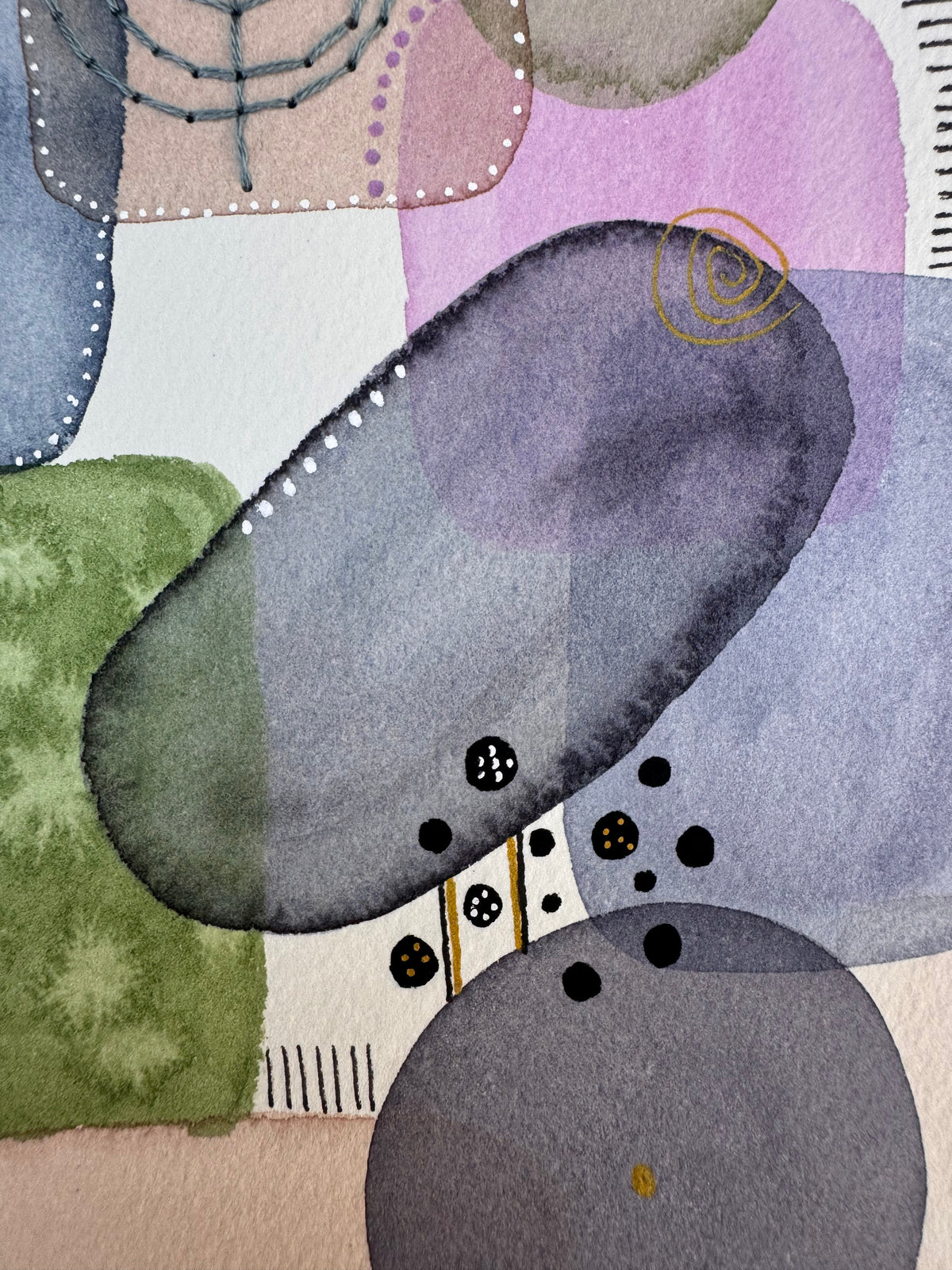 Portrait abstract watercolour of overlapping rounded shapes in moss green, magenta, lilac, blush and slate grey, stacked like stones, with a hand-stitched seed-head flower and rings, gold spirals, black ink hatching and dotted outlines in black and white.