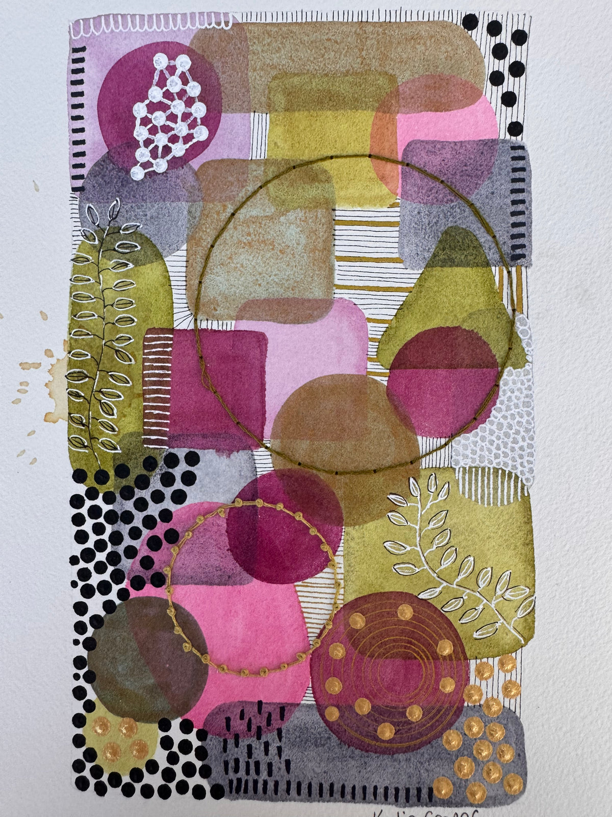 Portrait abstract watercolour of overlapping rounded shapes in raspberry, plum, bright pink, olive, copper and slate grey, crossed by two hand-stitched circles in olive and mustard thread, with gold-dotted rings, white leaf sprigs and fields of black ink dots and lines.