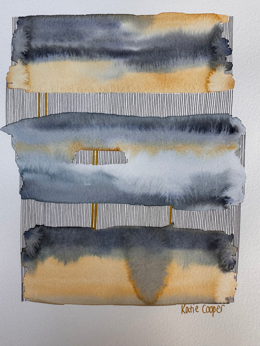 Portrait abstract watercolour of three horizontal bands of indigo and slate grey bleeding into warm ochre, separated by rows of fine vertical black ink lines with pairs of gold bars, signed in gold at the lower right.