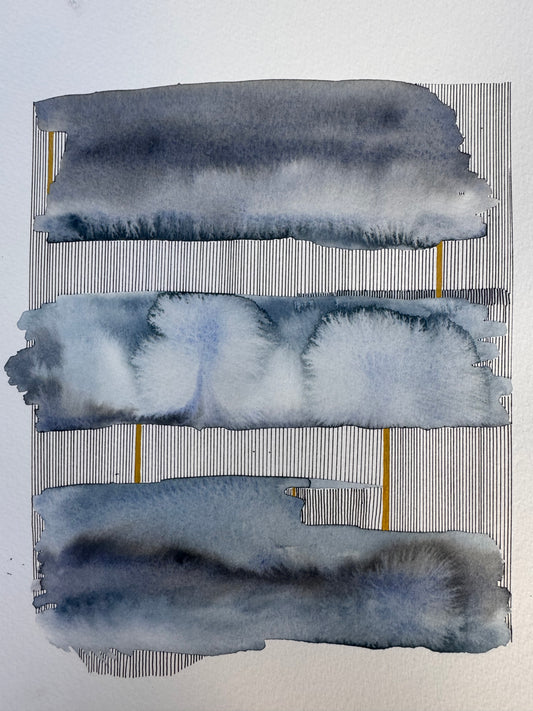 Portrait abstract watercolour of three horizontal bands in indigo, slate and pale blue-grey with soft feathered blooms, separated by rows of fine vertical black ink lines and single upright bars of gold.