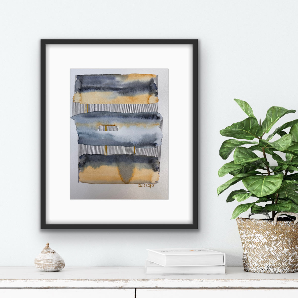 Portrait abstract watercolour of three horizontal bands of indigo and slate grey bleeding into warm ochre, separated by rows of fine vertical black ink lines with pairs of gold bars, signed in gold at the lower right.