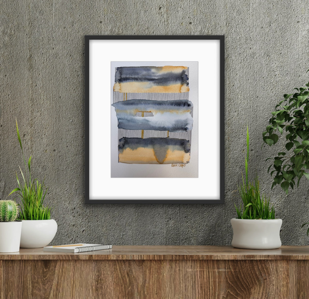 Portrait abstract watercolour of three horizontal bands of indigo and slate grey bleeding into warm ochre, separated by rows of fine vertical black ink lines with pairs of gold bars, signed in gold at the lower right.