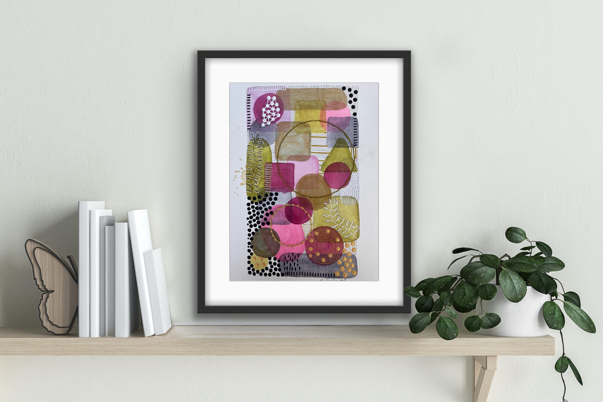 Portrait abstract watercolour of overlapping rounded shapes in raspberry, plum, bright pink, olive, copper and slate grey, crossed by two hand-stitched circles in olive and mustard thread, with gold-dotted rings, white leaf sprigs and fields of black ink dots and lines.